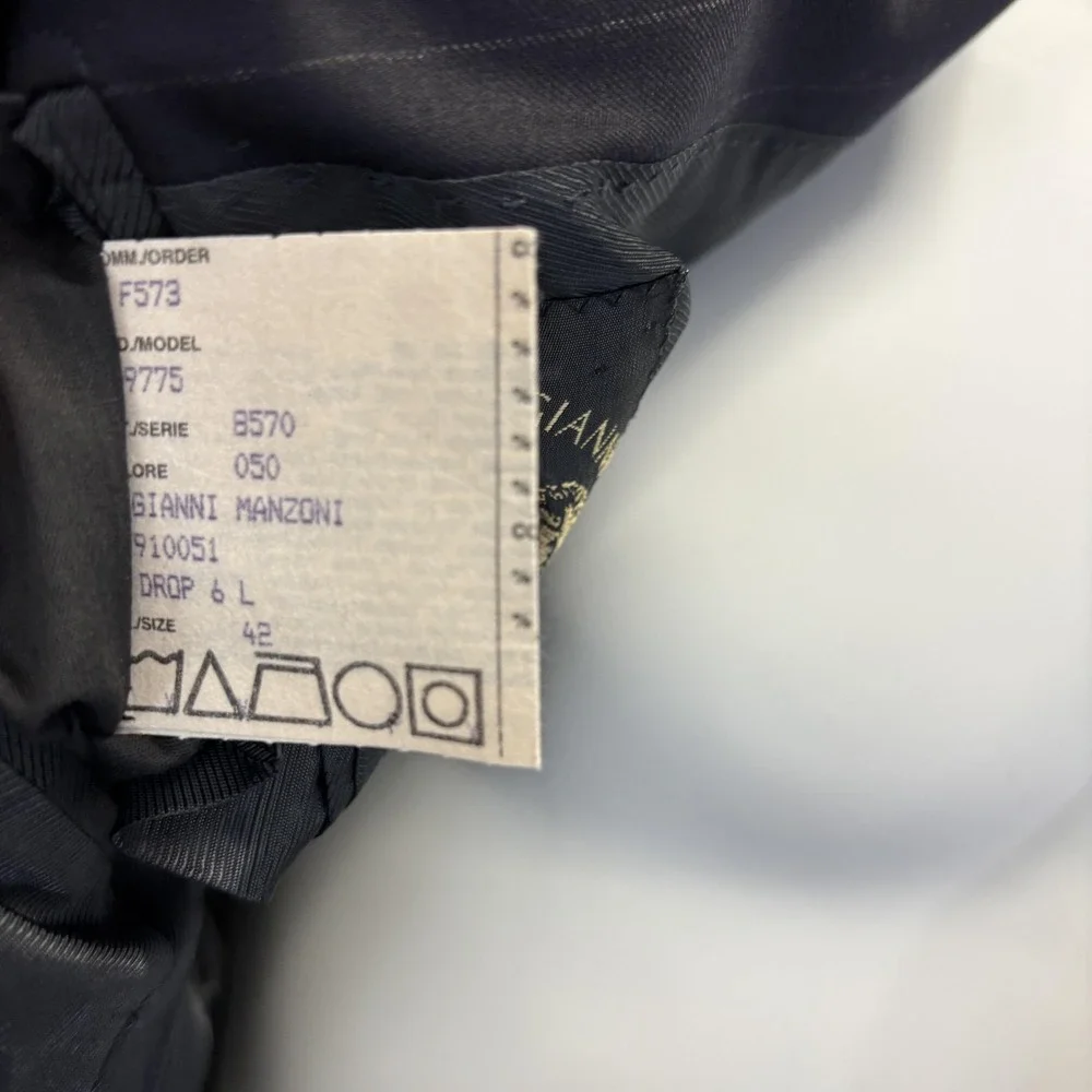 Vintage Gianni Manzoni‎ Italy 140s Wool Pinstripe Suit Jacket Mens 42L Black EUC